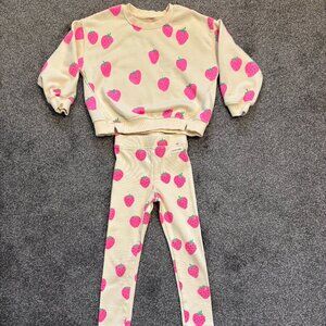 Zara ribbed cream leggings with pink and green strawberries, matching sweatshirt